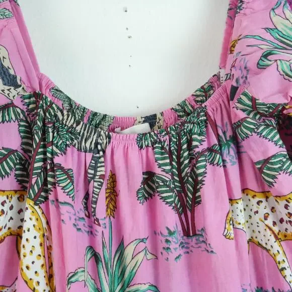 Darlington Isle Large Cayman Brac Dress Pink Babydoll Jungle Print Resort Cotton - Picture 6 of 10
